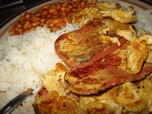 SPAM, egg and rice with baked beans