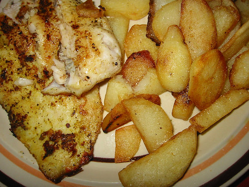 Panfried hake with homemade chunky chips