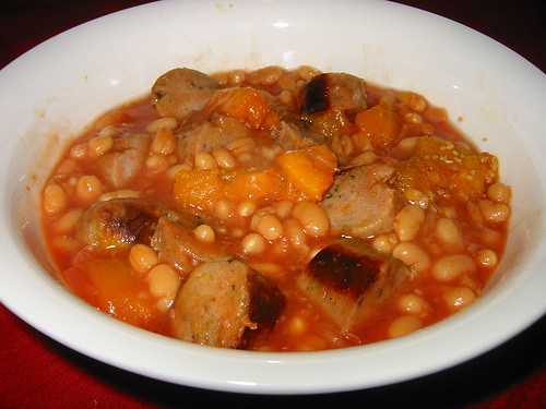 Leftover sausages and pumpkin and Heinz baked beans