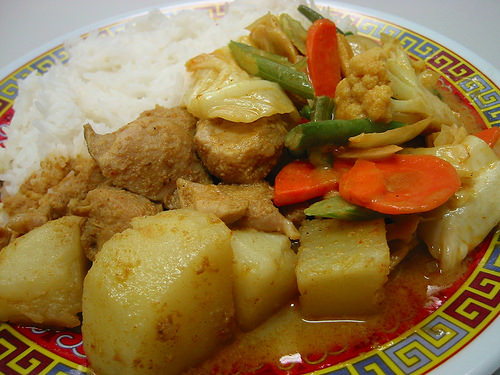 Curry chicken, curry vegies and rice