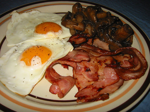 Fried eggs, bacon and mushrooms