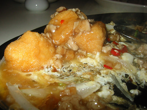 Tofu with egg sauce and minced pork - a closer view of the egg sauce