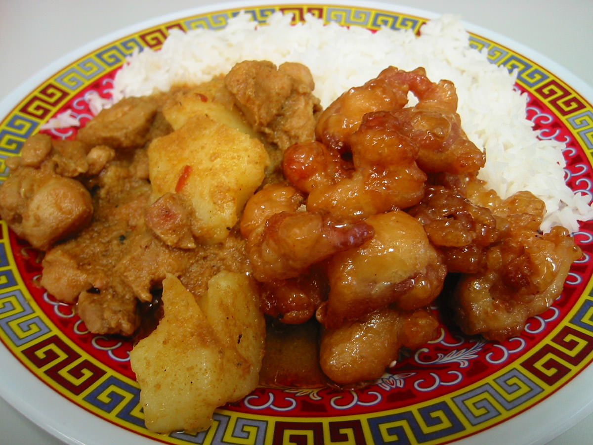 Chicken curry, honey chicken and rice