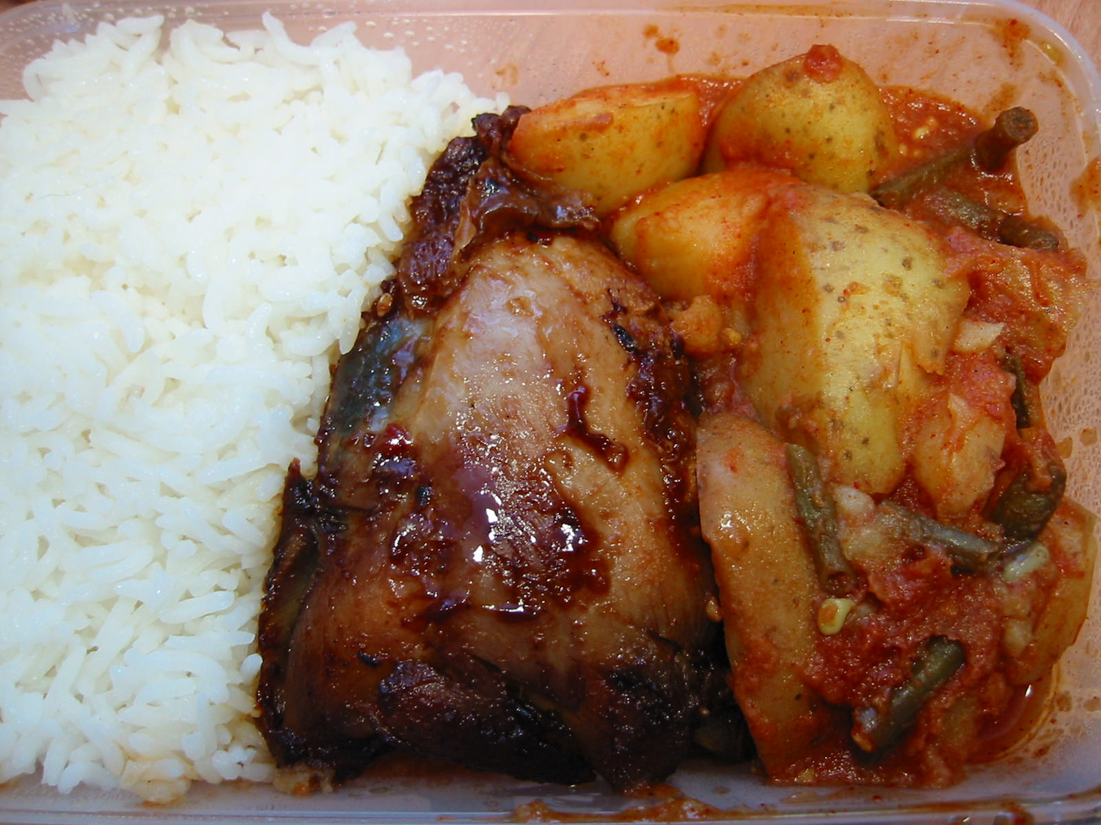 Ayam kicap, potatoes and beans with rice