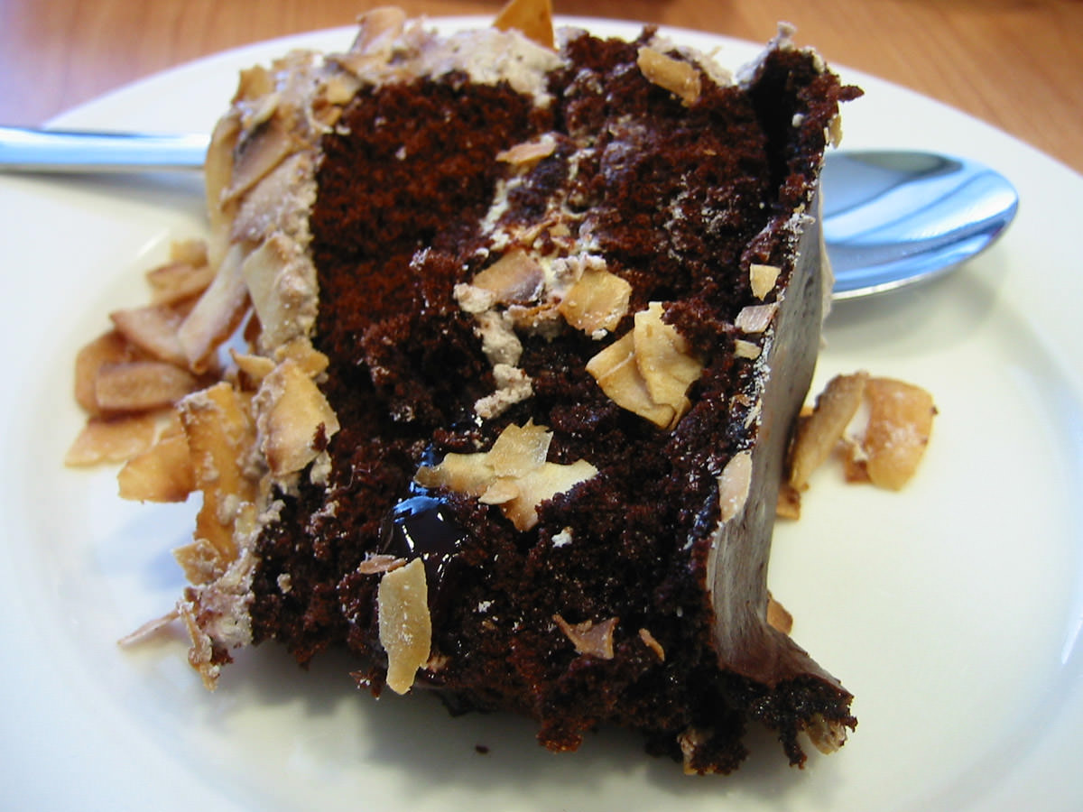 Chocolate, coconut and cherry cake - chocolatey wedge of cake