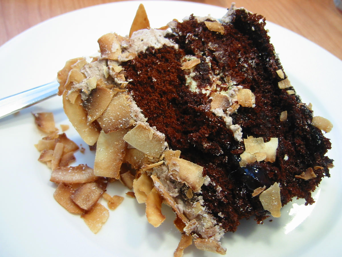 Chocolate, coconut and cherry cake - view of the coconut flakes