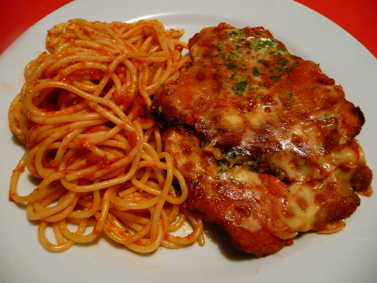 Chicken parmigiana and spaghetti napolitana