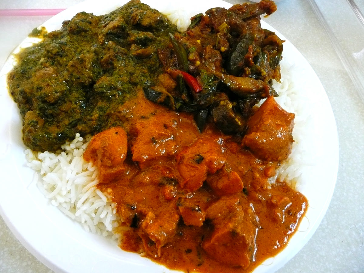 Lamb and spinach curry, butter chicken and eggplant curry