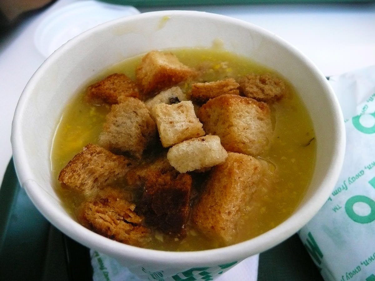 Chicken and corn soup with croutons