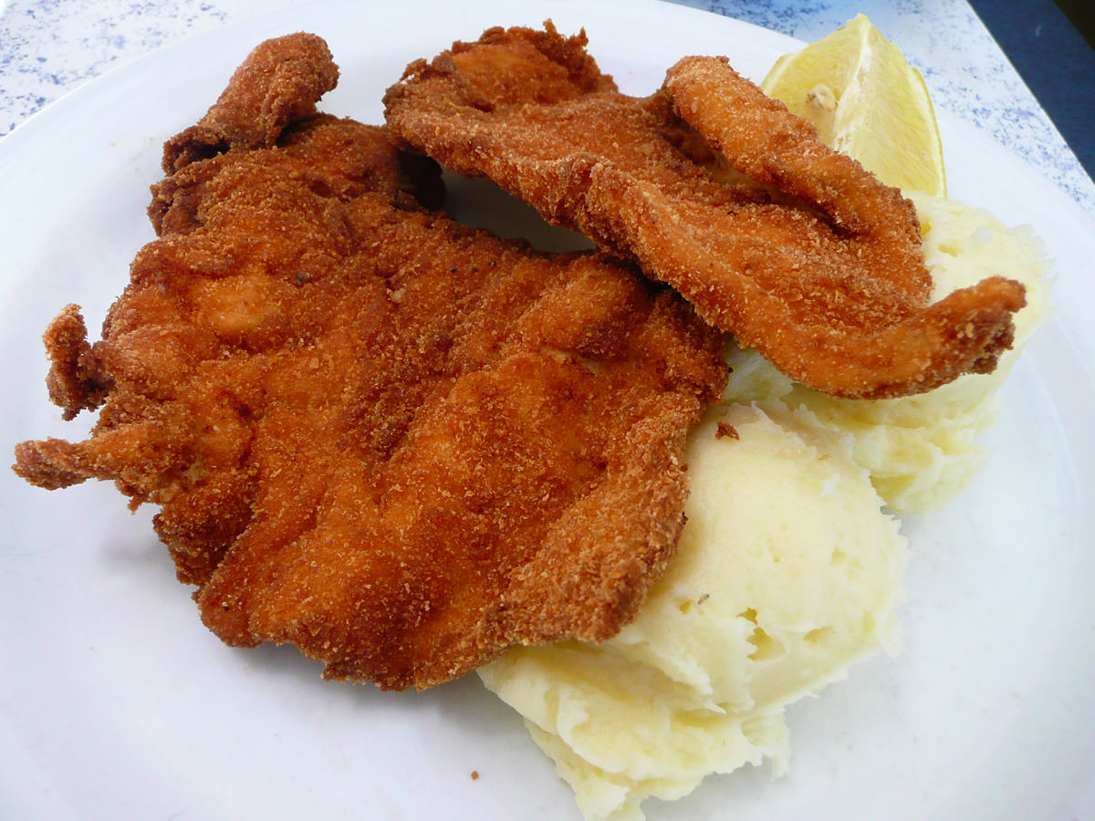 Chicken schnitzel and mashed potato