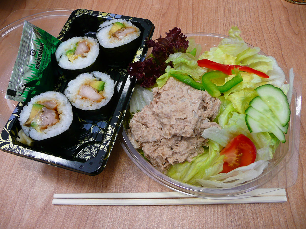 Takeaway sushi and salad