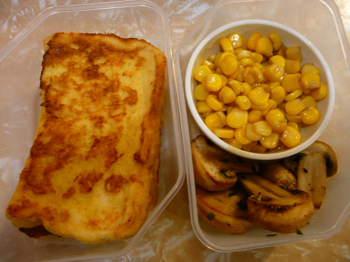French toast, butter corn and sauteed mushrooms