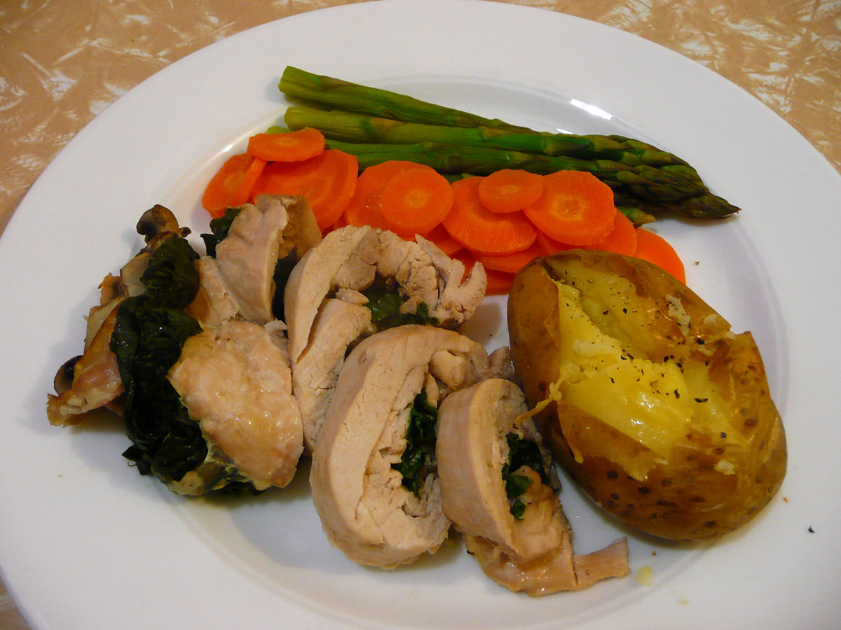 Chicken roulade, baked potato, steamed vegetables