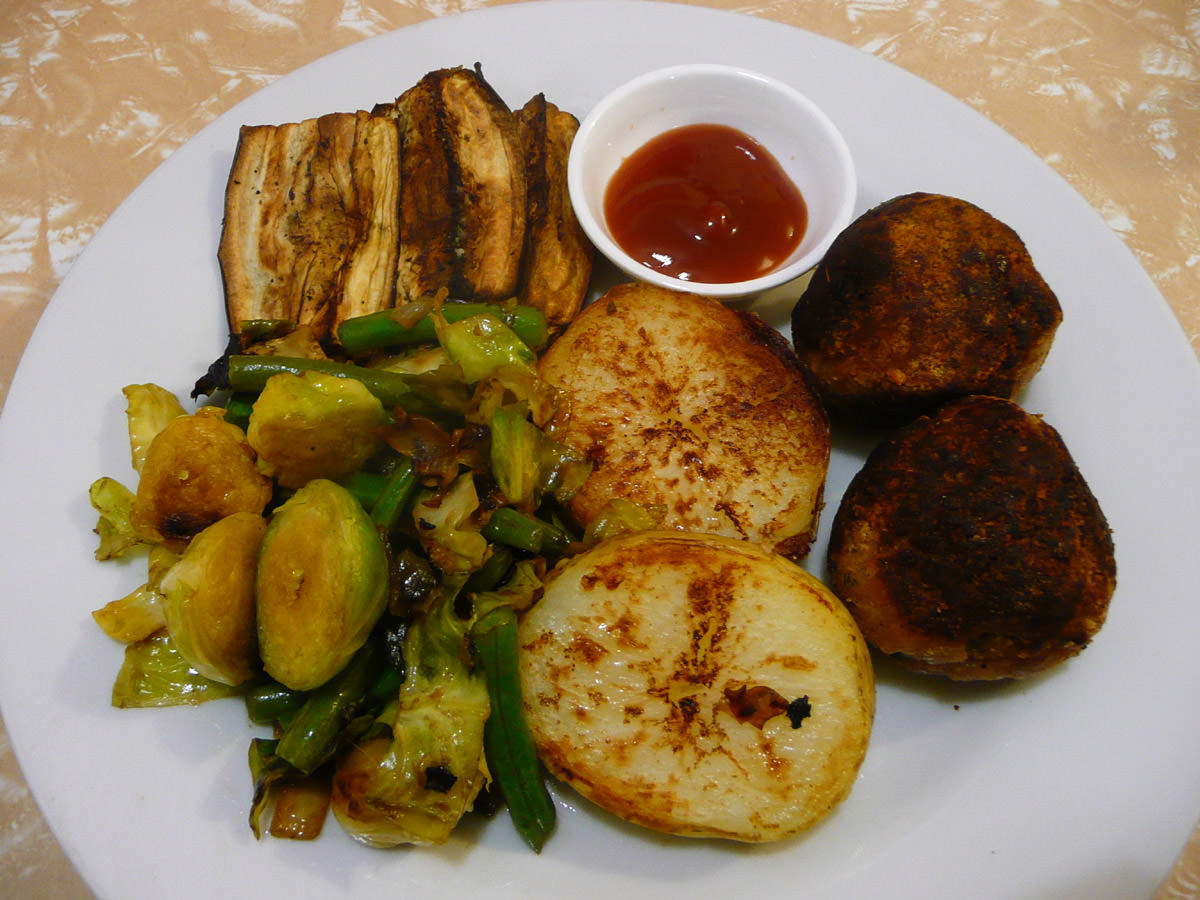 Chicken kiev rissoles and vegetables