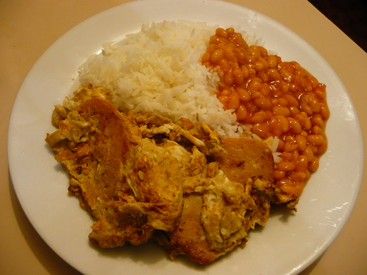 Turkey SPAM, egg, rice and baked beans