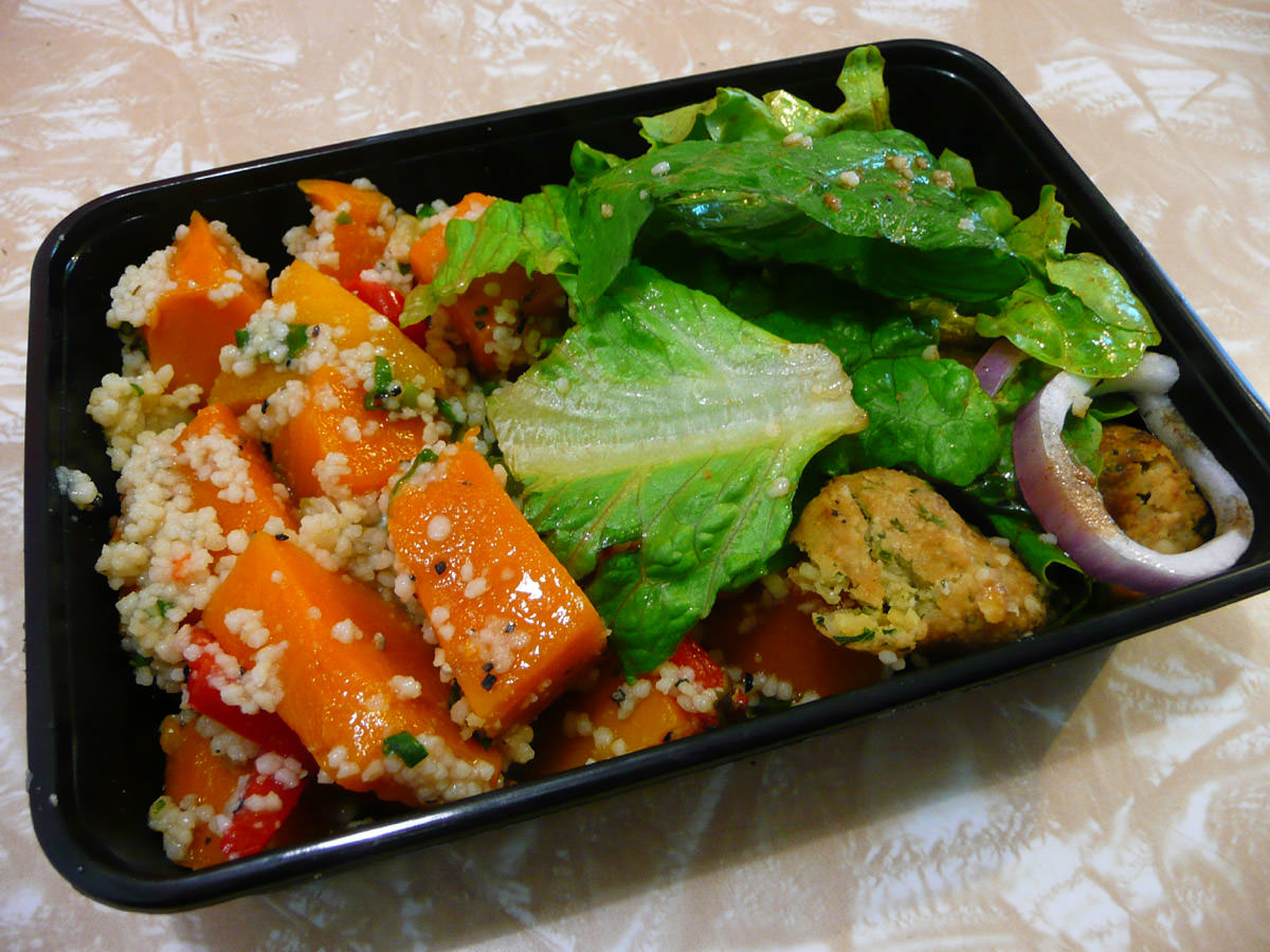 Sumo Salad roast pumpkin and cous cous salad, falafel salad