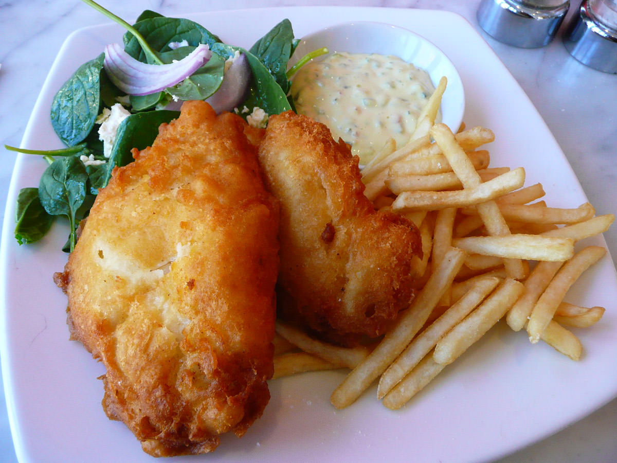 Beef-battered basa fillets, fries, spinach salad and tartare