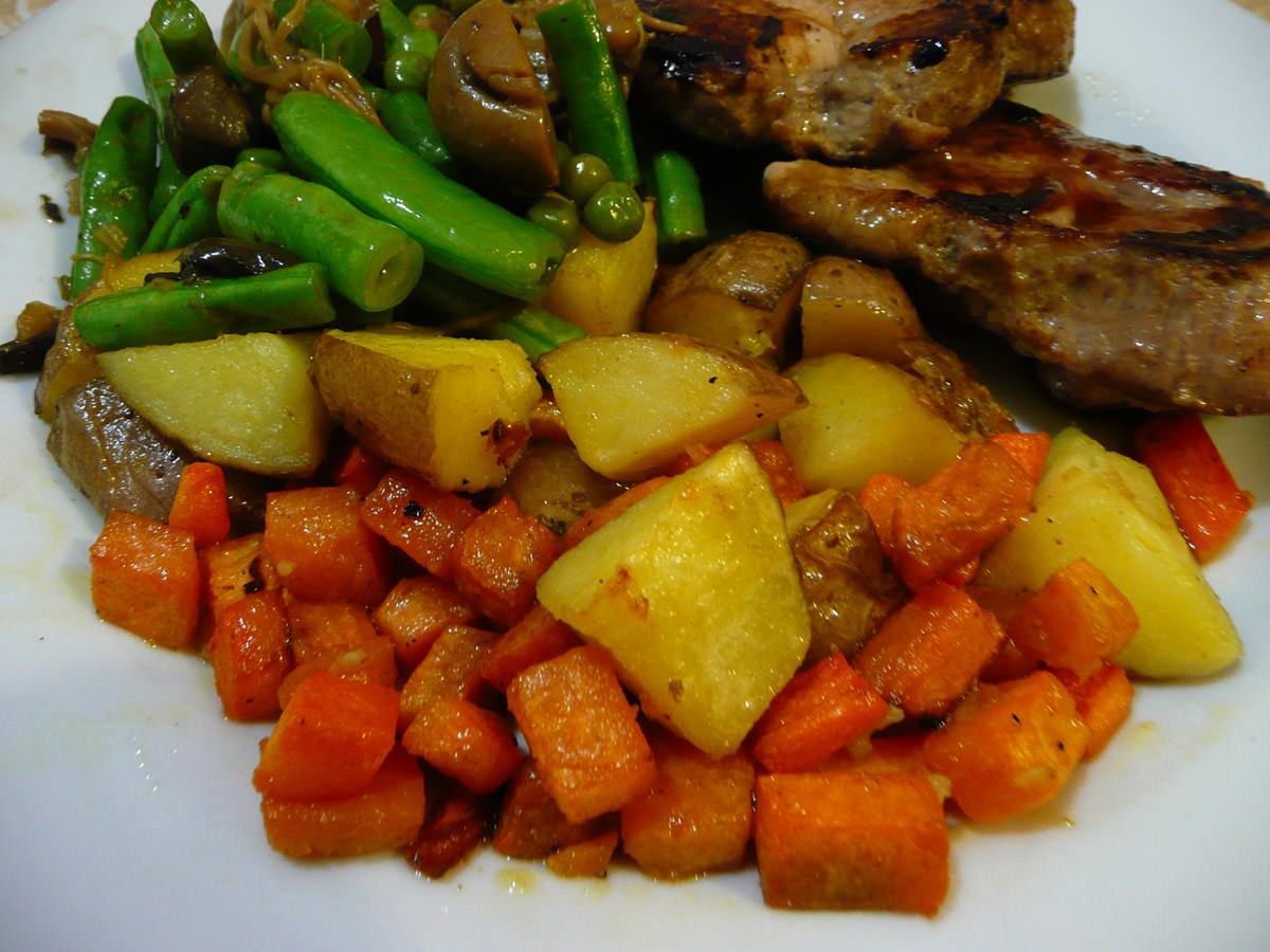 Oven-roasted carrot, potato and sweet potato