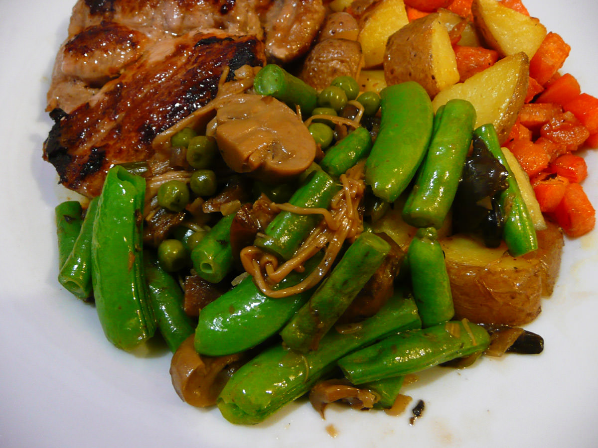 Mushrooms and green vegetables