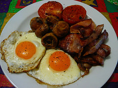Bacon, eggs mushrooms and tomato