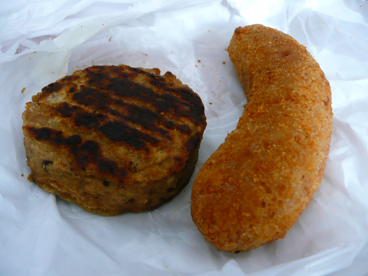 Rissole and crumbed sausage