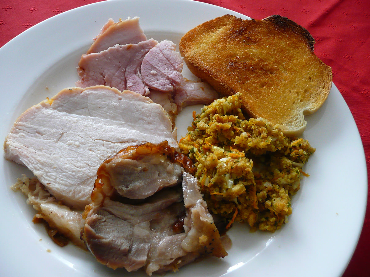 My plate of leftover meats, stuffing and toast