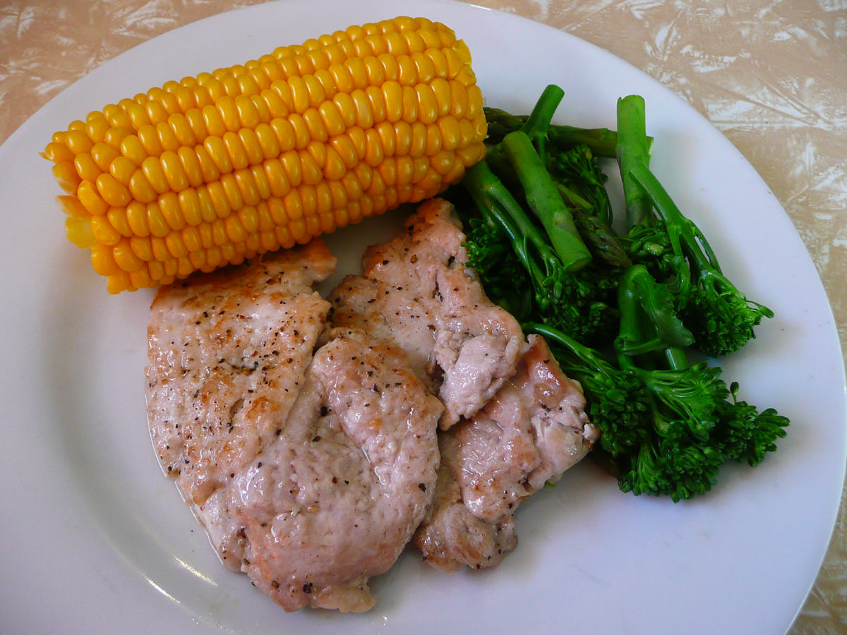 Chicken escalopes, broccolini, corn on the cob