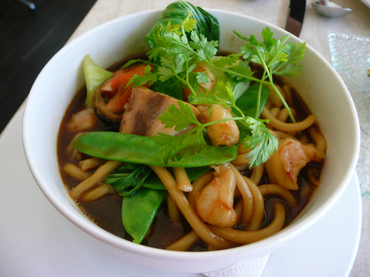 Soup of the day - udon noodles with prawns, mussels and kingfish pieces