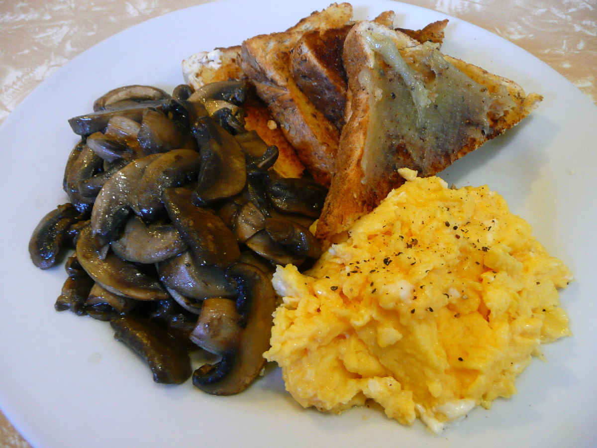 Scrambled eggs, mushrooms and kaya toast