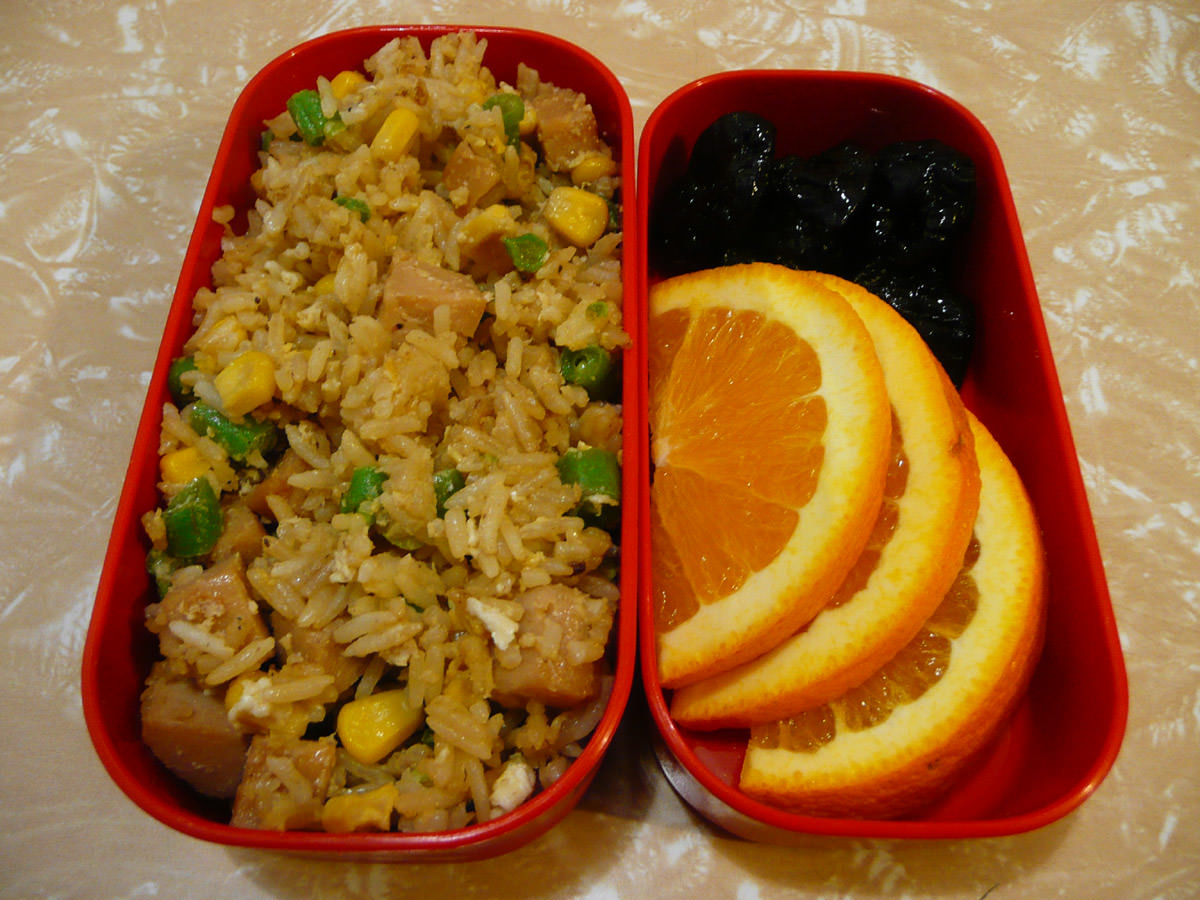 My bento box - Turkey SPAM fried rice, oranges and prunes