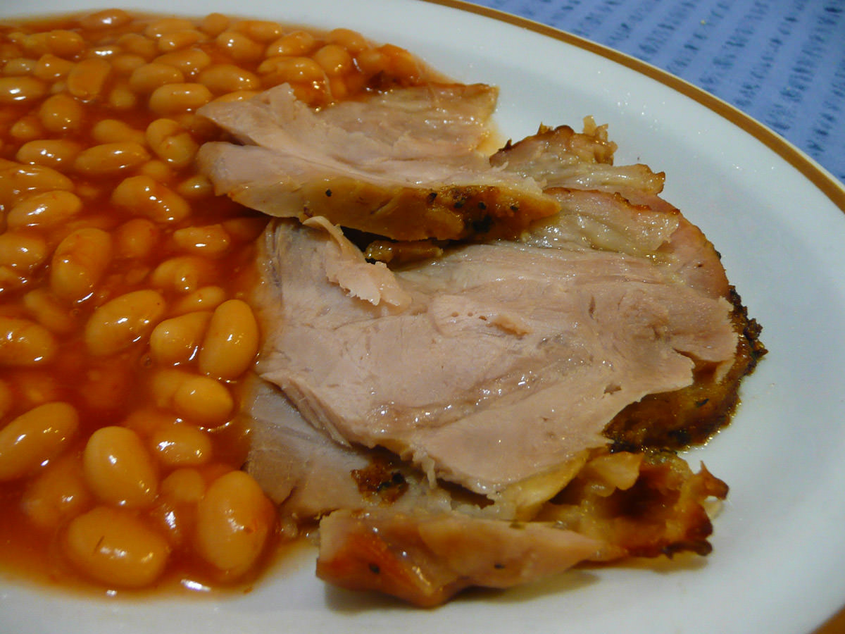 Leftover roast turkey with baked beans