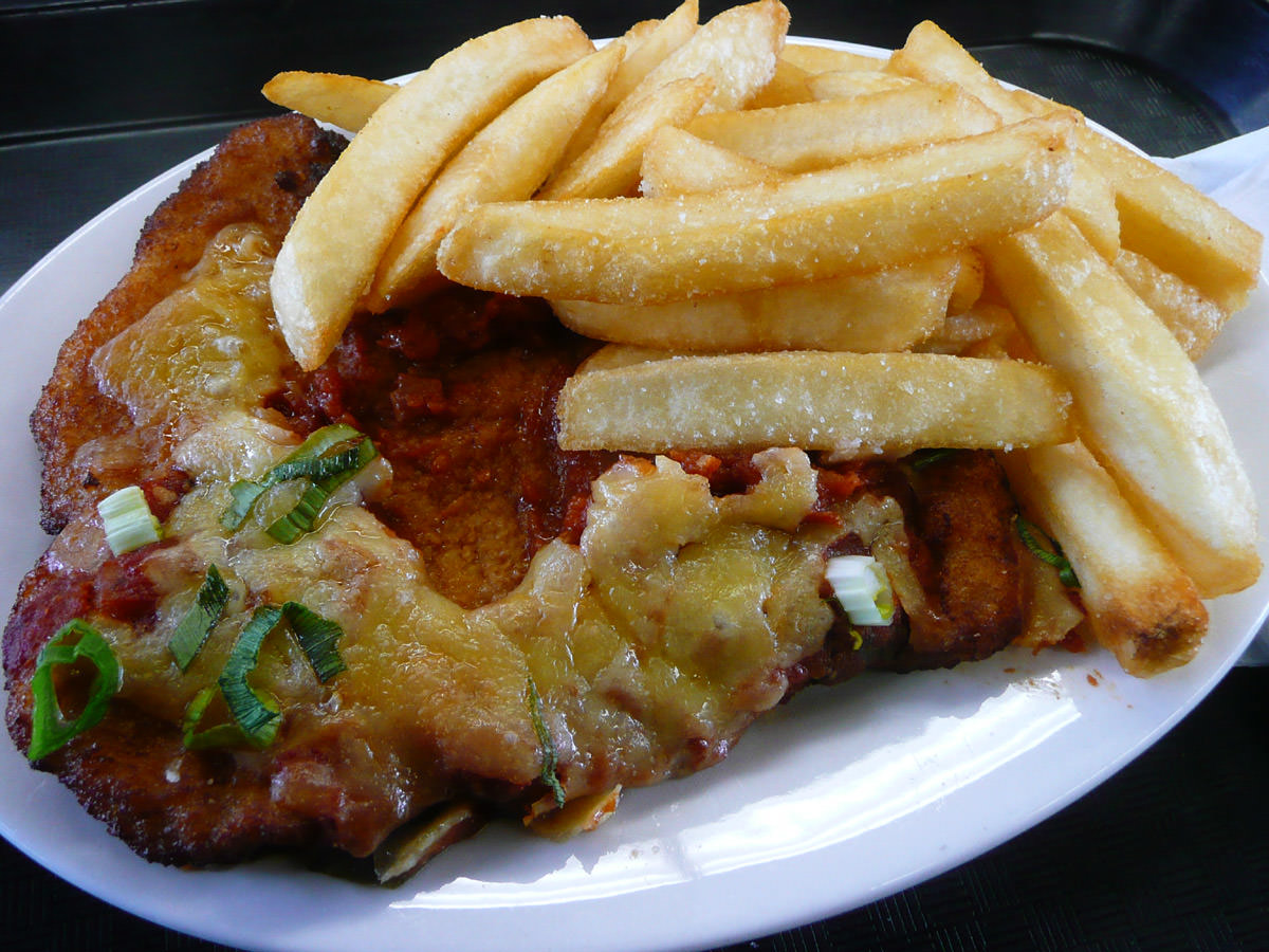 Chicken schnitzel and chips