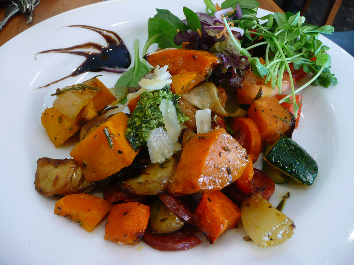 Roasted vegetables with chorizo and salad