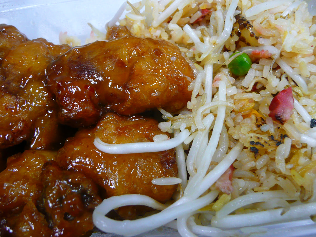 Honey chicken and fried rice close-up