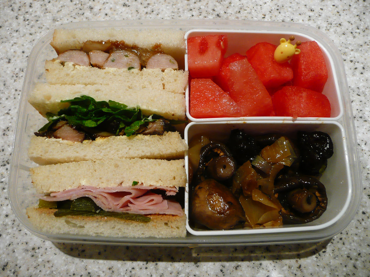 Bento - sandwiches, onions and mushrooms, watermelon