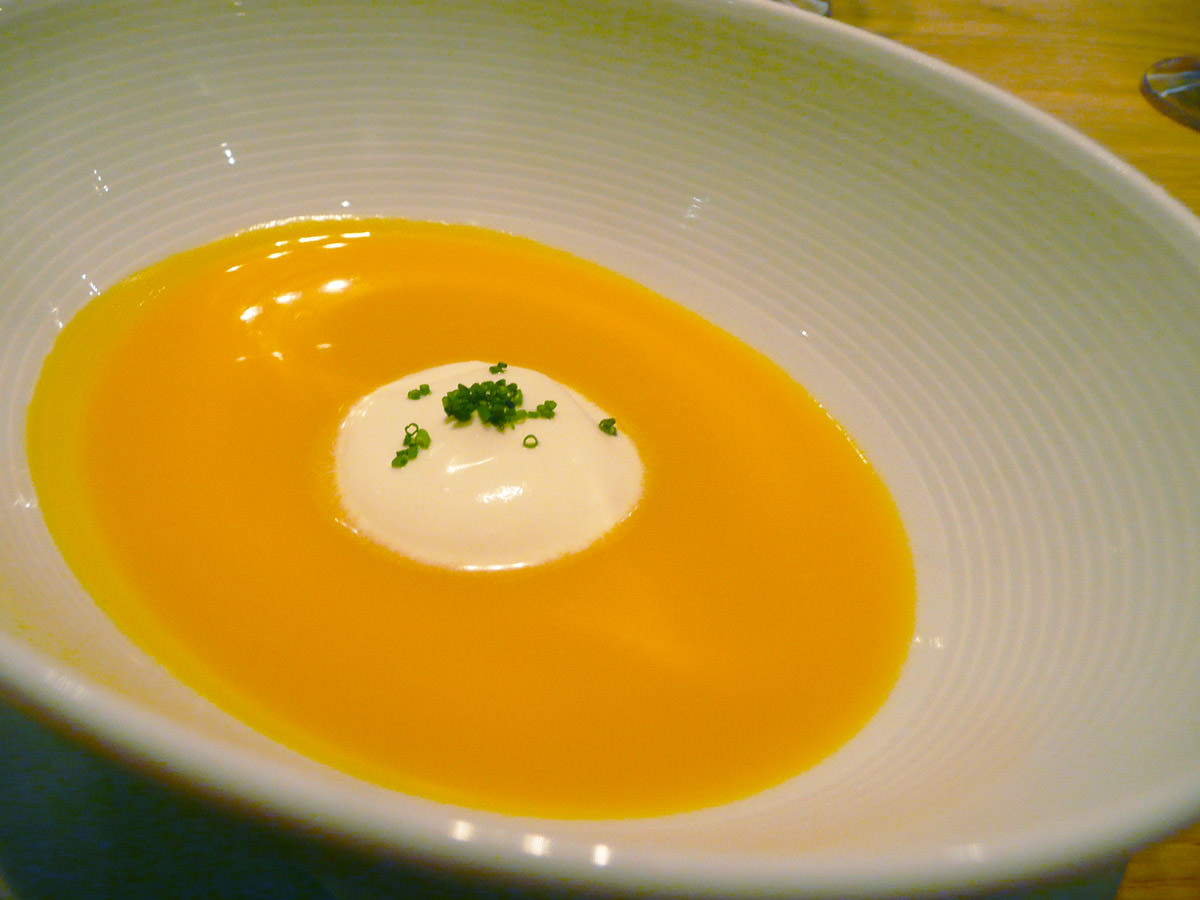 Chilled Japanese pumpkin soup with white miso cream