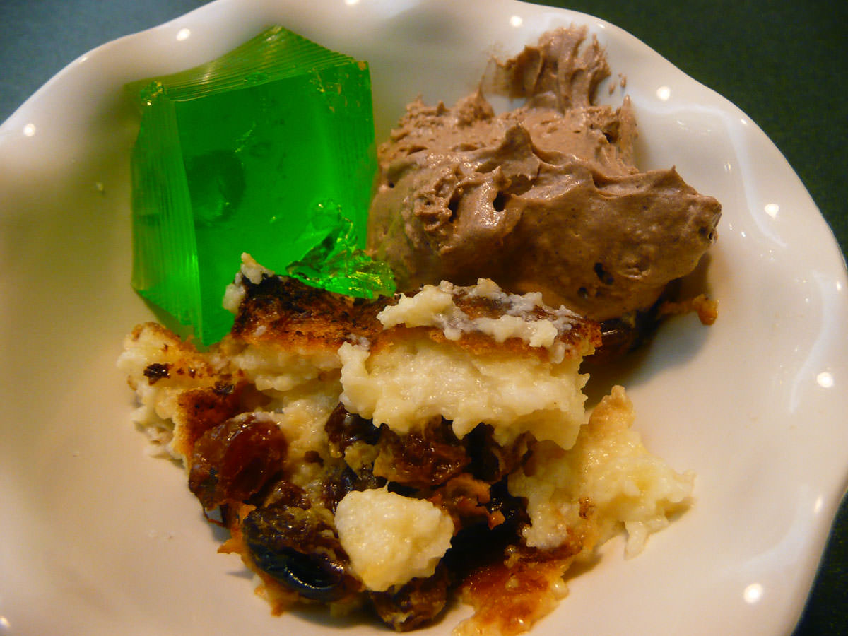 Bread and butter pudding, chocolate mousse and green jelly