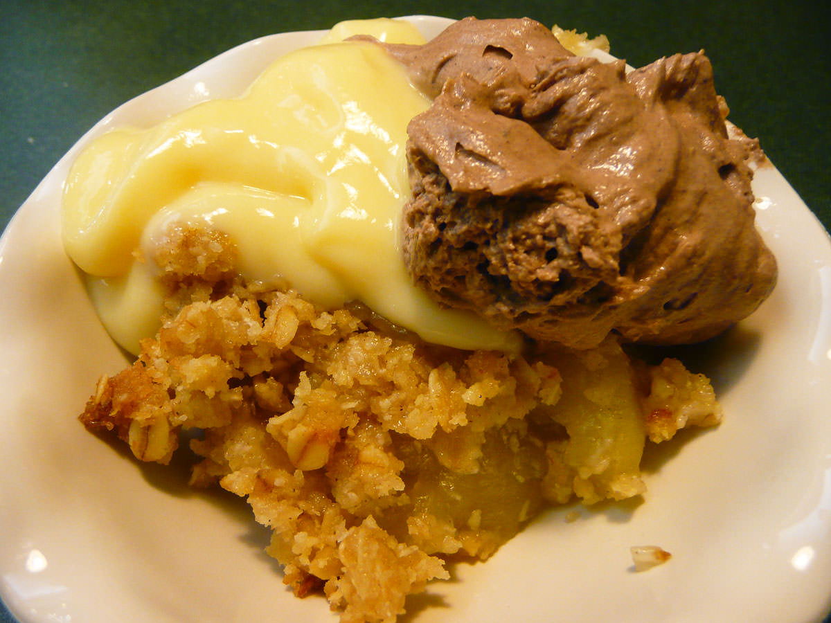 Chocolate mousse, custard and apple crumble