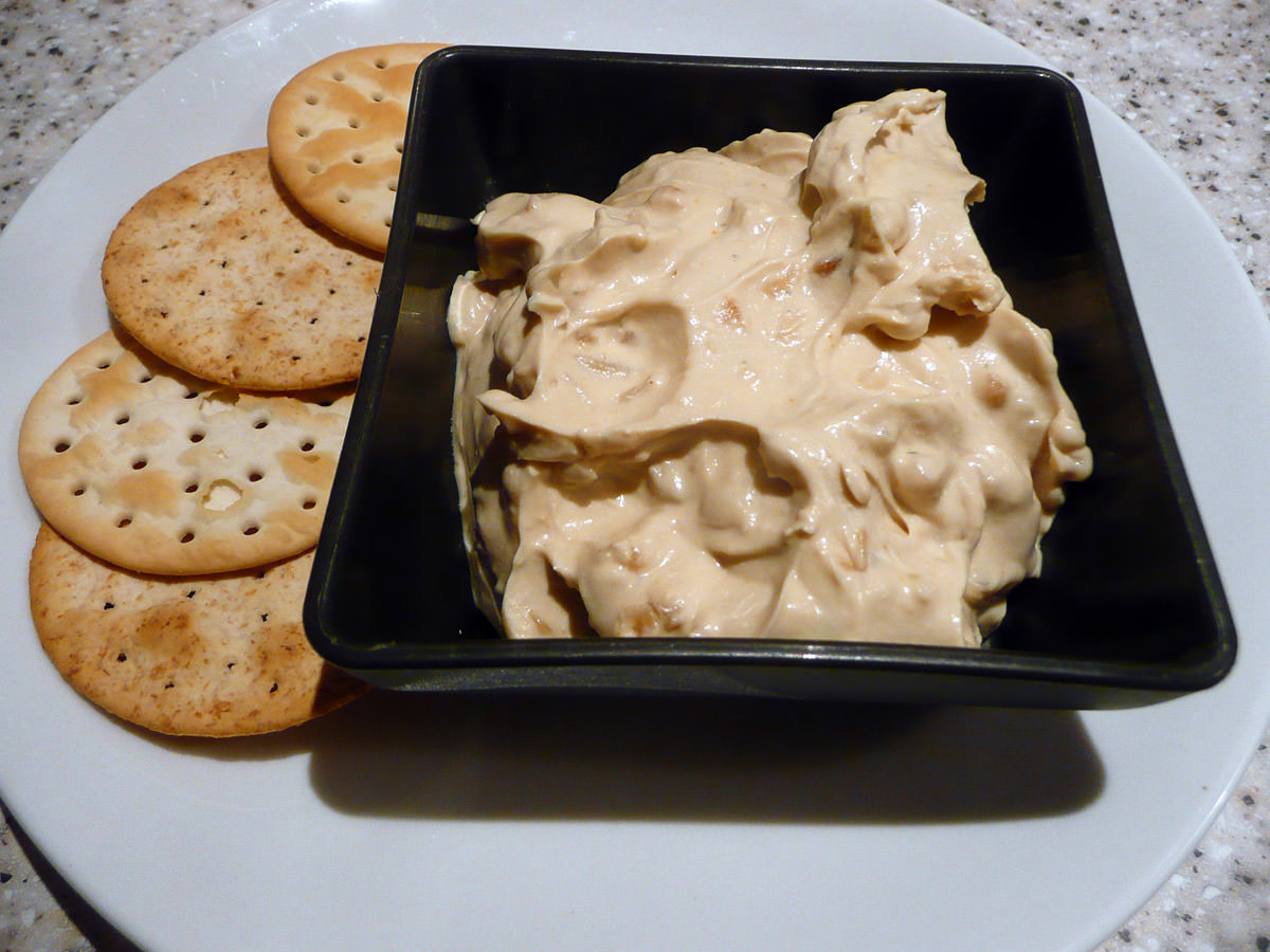 French onion dip made with Tofutti cream cheese served with crackers