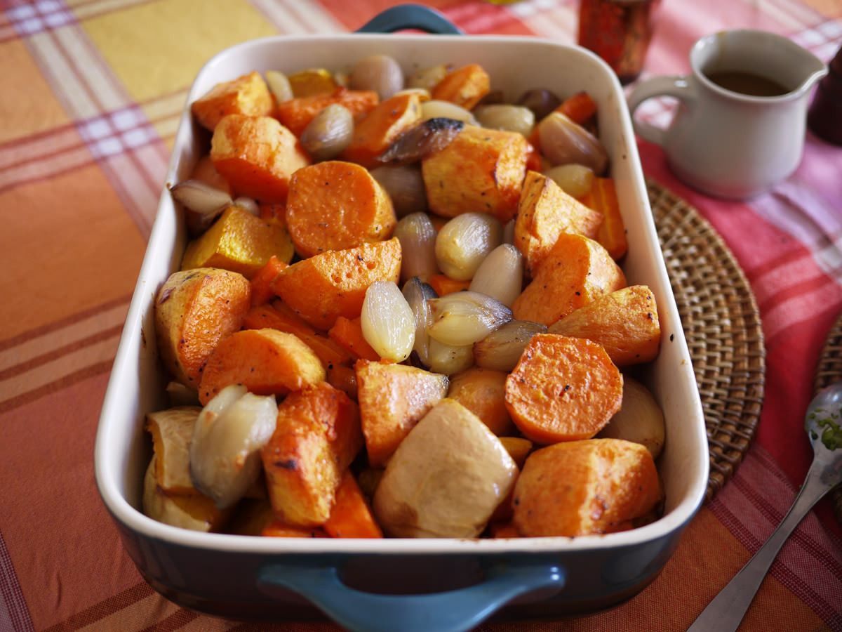 Roasted root vegetables - carrot, sweet potato, butternut pumpkin, shallots
