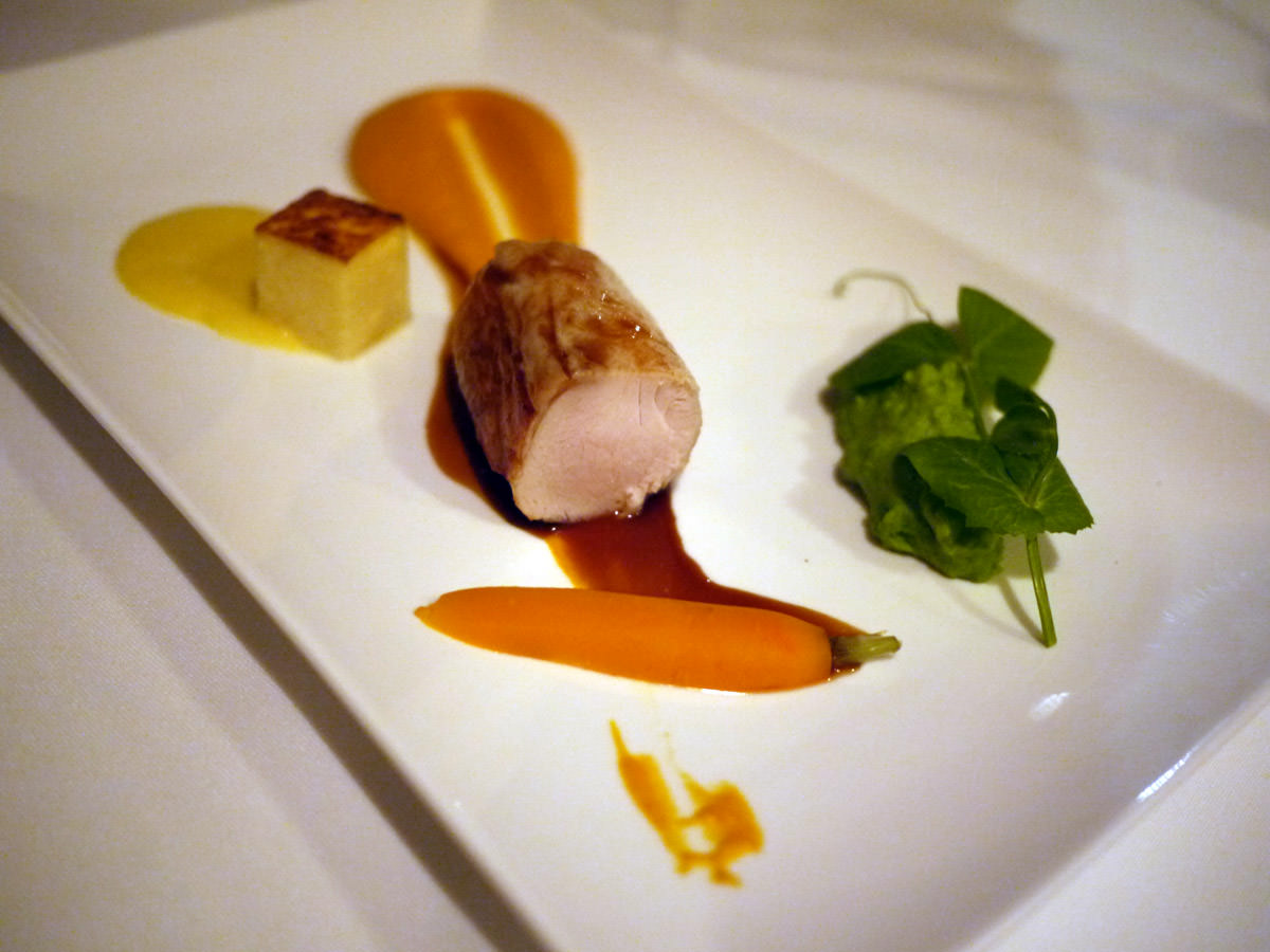 Fourth course: Sous-vide chicken breast, carrot puree, baby carrot, creamed peas, corn puree and chicken sauce