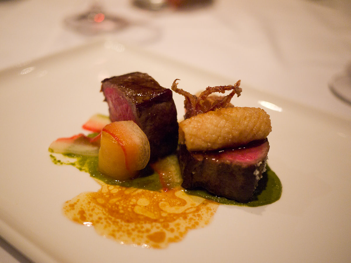 Third course: beef, squid and watermelon