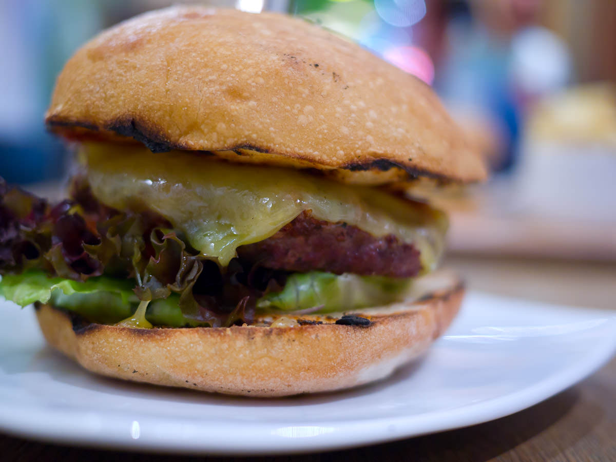 Organic Beef burger with horseradish cream and cheddar