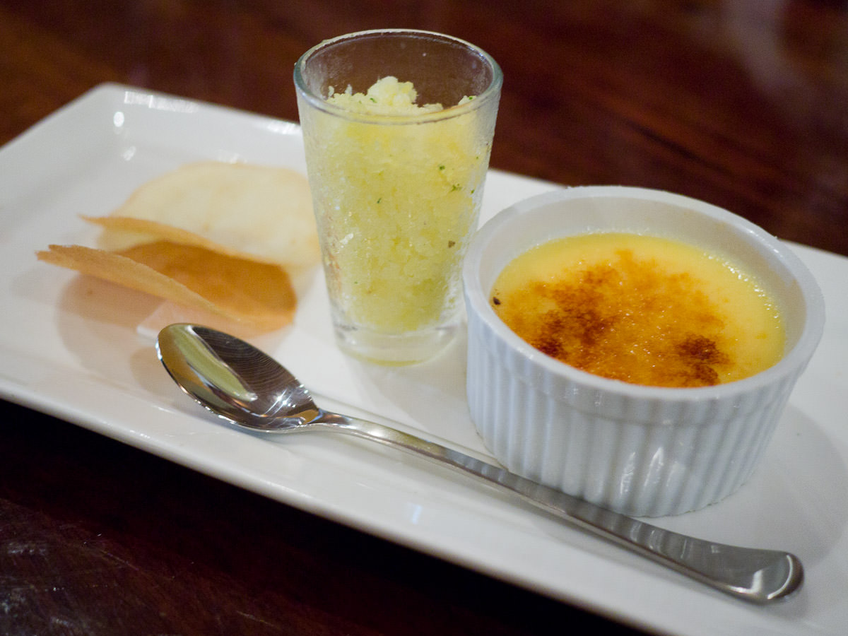 Lime creme brulee, coconut tuille biscuit, pineapple and mint granita (AU$13.50)