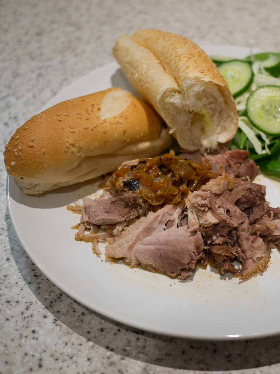 Pressure-cooked pork shoulder, bread and butter and green salad