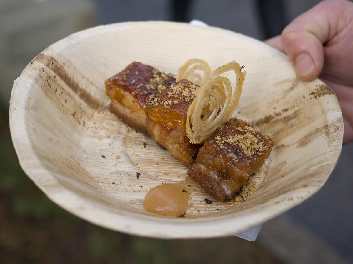 Linley Valley pork belly with truffle, crackle dust and apple sauce