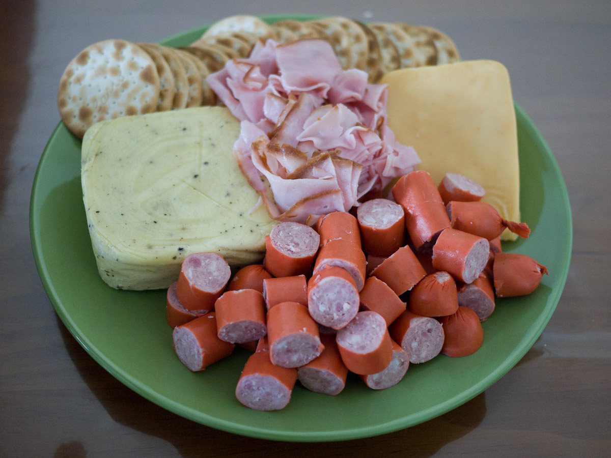 Sausage, ham, cheese and crackers
