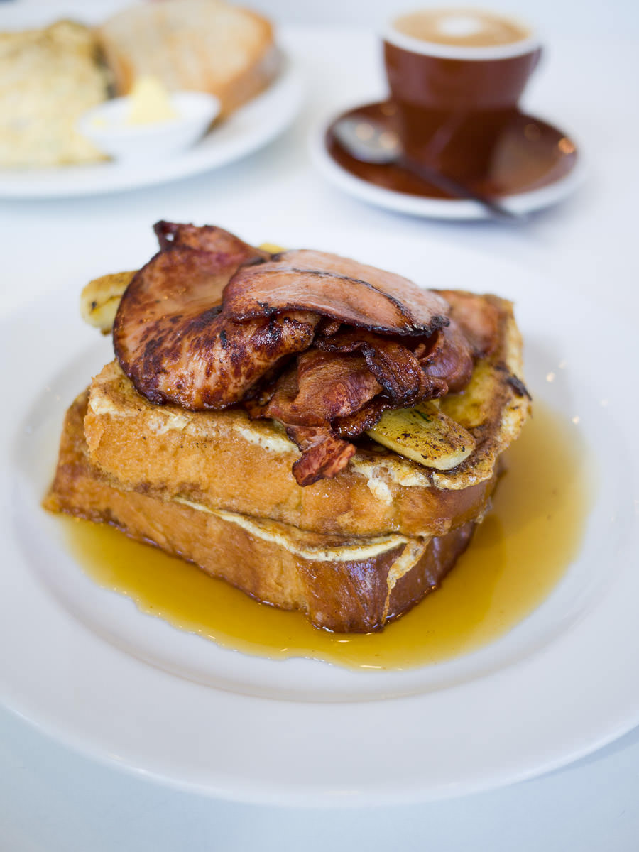 French toast of brioche with caramelised banana, bacon and maple syrup (AU$18)