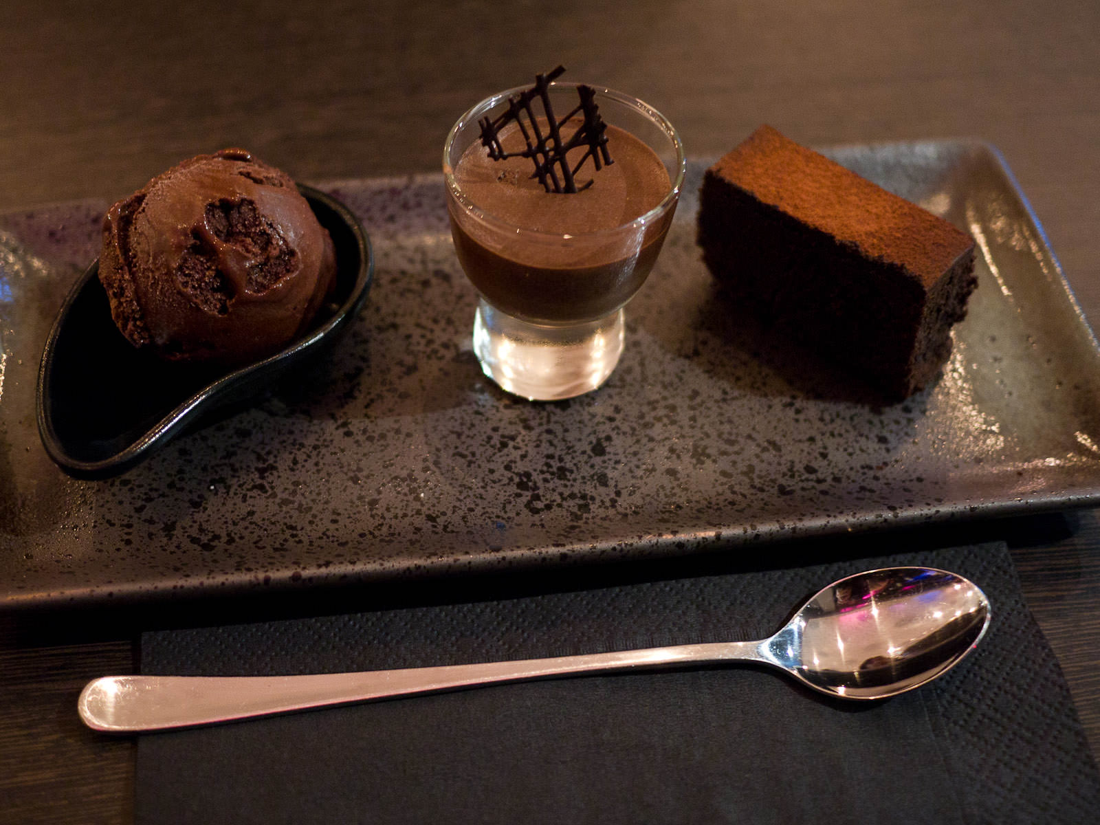Trio of dark chocolate mousse, flourless chocolate cake and rich chocolate sorbet (AU$15)