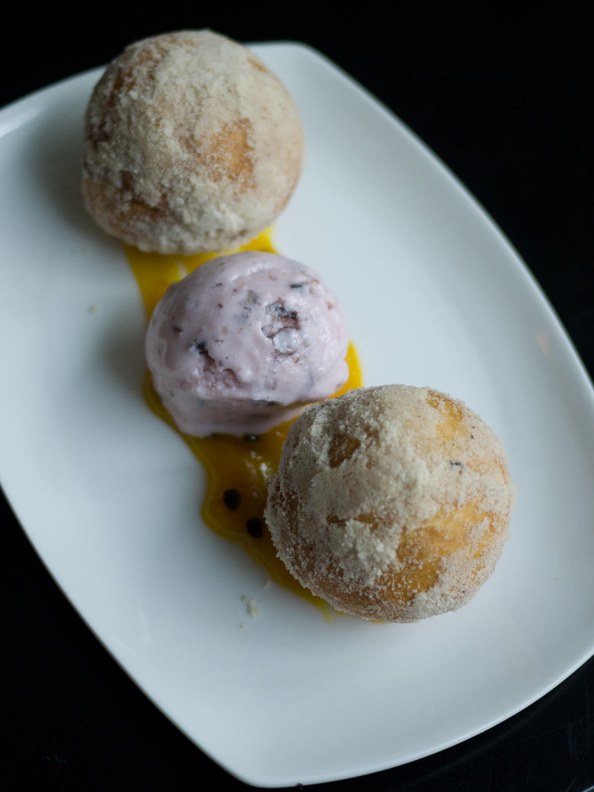 Optional dessert (add AU$5): doughnuts with berry coconut ice cream and passionfruit sauce